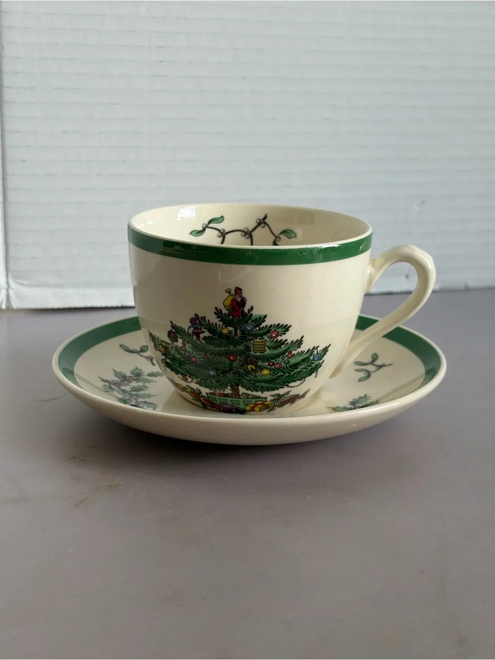 Spode Cream Teacup and Saucer with Green Holly and Red Berry Motif